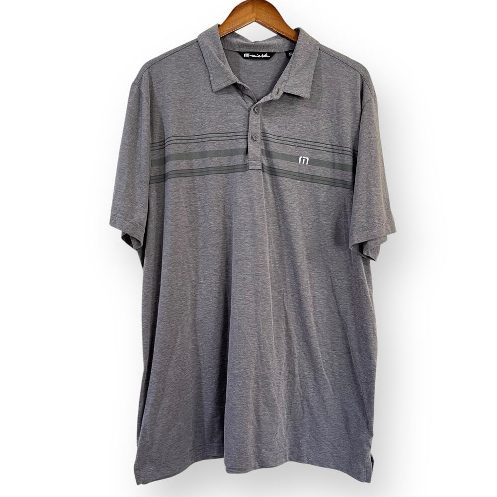 Travis Mathew Golf Polo Shirt Mens XXL Grey Chest Stripe Stretch Short Sleeve